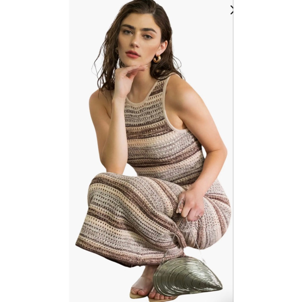 Women's by the River Brown & Beige Striped Crochet Knit Midi Dress M - Picture 3 of 12